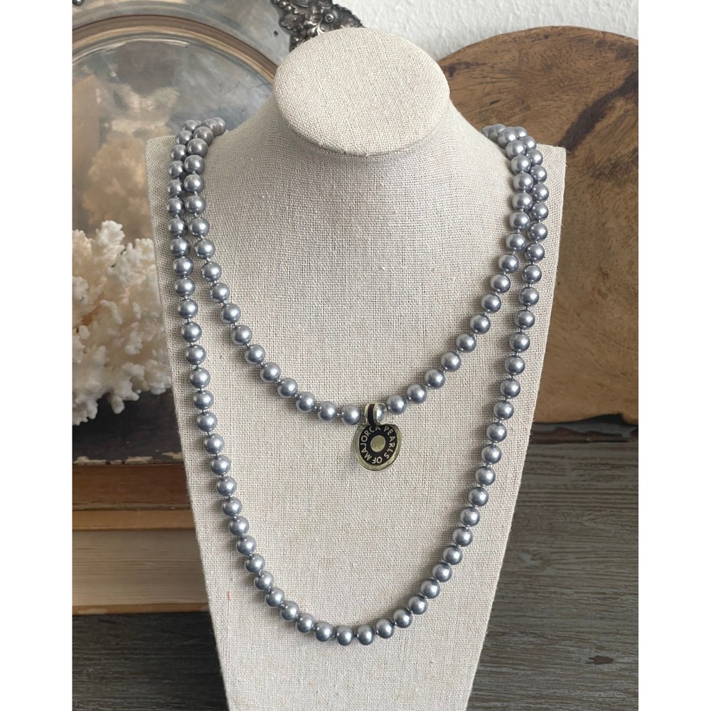 Vintage Majorica Gray Pearl Necklace 54" Long Hand Knotted 8.3mm Mallorca Spain